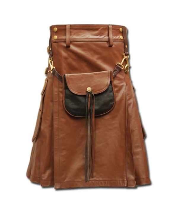 Celtic Leather Kilt with Leather Sporran-light brown