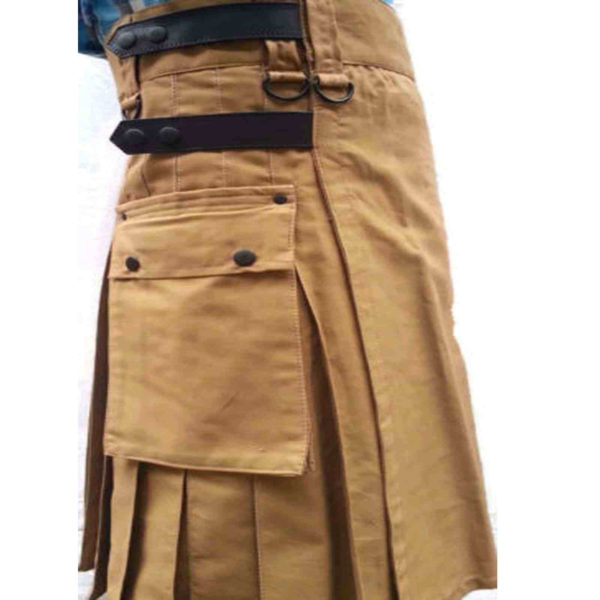 Men Brown Leather Gladiator Pleated Utility Kilt FLAT FRONT TWIN CARGO POCKETS 