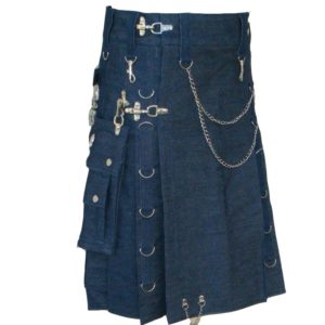 Modern Gothic Style Blue Denim Utility Detatchable Pocket New Kilts With Chains