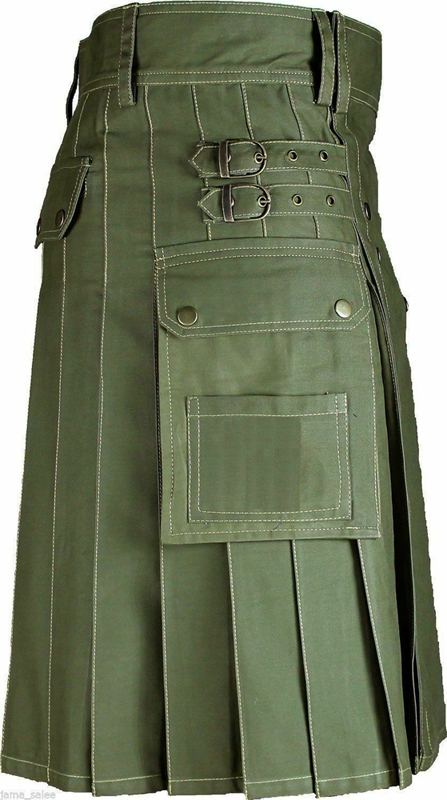 New Mens Olive Green Utility Wedding Kilt Made in 100% Cotton Brass Button 1