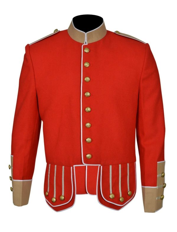 100% Wool Blend white Trim Red Military Doublet Pipe Band Jacket