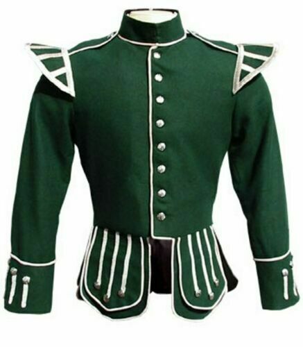 100% Wool Blazer New Military Piper Drummer Doublet Tunic Pipe Band Green Jacket