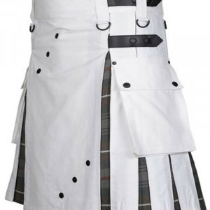 Scottish Fashion Utility Hybrid Kilt For Men White Color With Grey Tartan Pleats