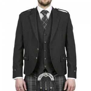 Scottish Tweed Crail Argyle Kilt Jacket With Vest - Black 100% Tweed Wool