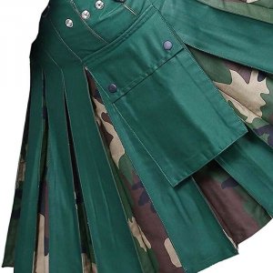Scottish Men Leather Strap 100% Cotton Hybrid Kilt Green and Camo