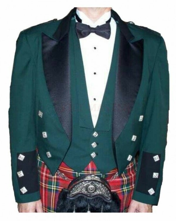 Scottish Green Prince Charlie Jacket With Waistcoat 100% Wool Custom Made Irish Kilt Jacket