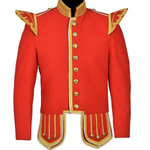 100% Wool Blend Gold Braid Trim Red Military Doublet Pipe Band Jacket