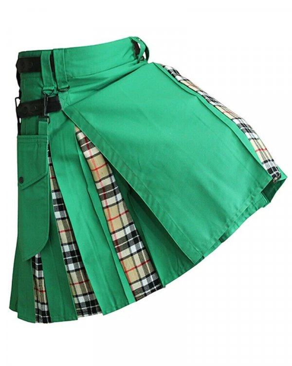 Green Hybrid Kilt With Thompson Camel Tartan Utility Kilts