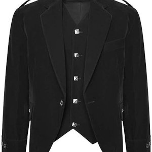 Men's Velvet Scottish Highland Argyle Kilt Jacket & Waistcoat Color Black