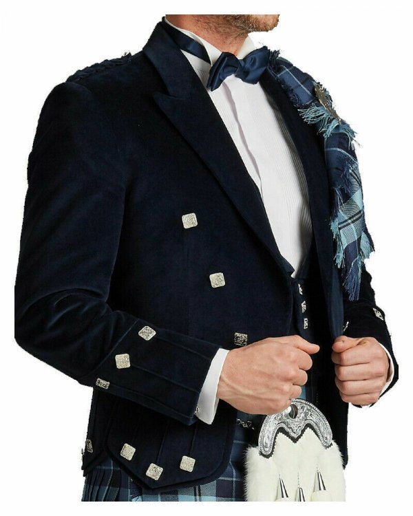 Dark Blue Velvet Scottish Regulation Doublet Kilt Jacket With Vest1