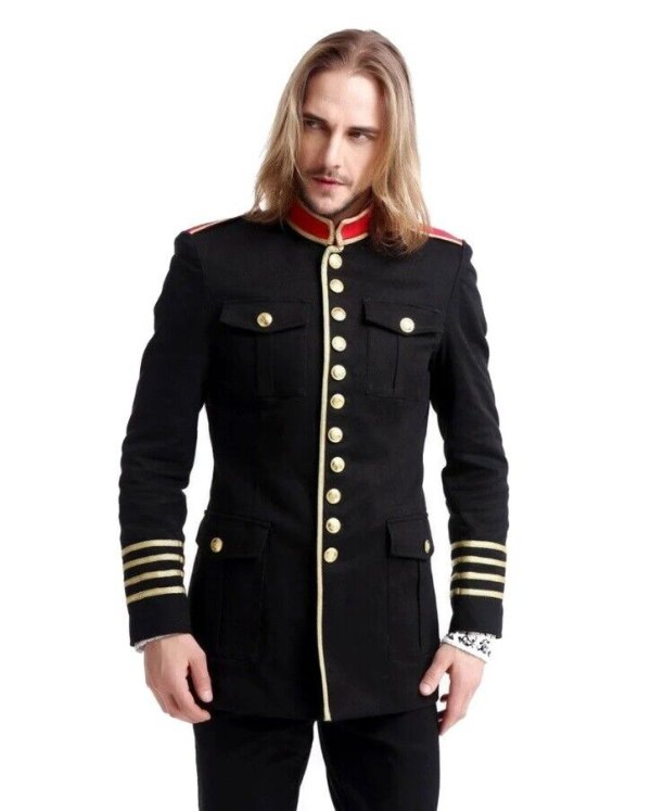 Men’s Black Wool Gothic Military Uniform Officer Hussar Commander Jacket