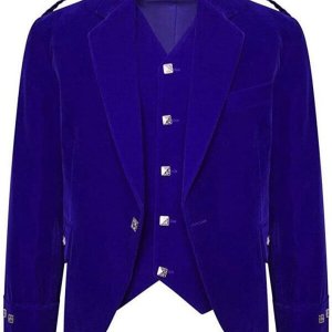 Men’s Blue Color Velvet Scottish Highland Argyle Kilt Jacket & Waistcoat