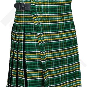100% Cotton Made in the USA or Imported Buckle closure Dry Clean Only Men's Heritage of Ireland Tartan Kilt Active Wedding Kilt Steampunk-Scottish Fashion Modern Highlander Kilt Traditional 8 Yard Kilts 80% Acrylic & 20% Wool. Belt loops for Sporran Heavy Weight Tartan. Traditional Scottish look. Made to Measure, Hand-sewn. Buckle is Sliver Chrome Rust Free. Cotton lining provides extra comfort. Dry clean only and You can wash by hands. The Kilts has a Pleated back and is Flat across the front. Three adjustable Leather straps allow 2 Inches of Adjustment. Casual Kilts Can be used for both formal & informal occasions.