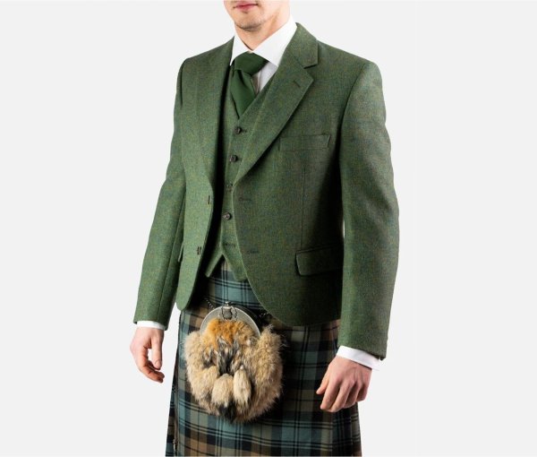 Men’s Scottish Lovat Green Wool Argyle Kilt Jacket With Waistcoat Wedding Jacket