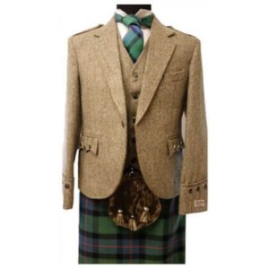 Scottish Men’s Khaki Argyle Kilt Jacket & Vest 100%Tweed Wool Wedding Kilt Jacket