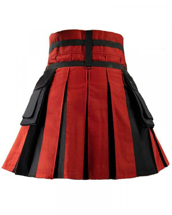 Scottish Utility Fashion Hybrid Kilt For Men Red-Grey Color With Black Pleats1