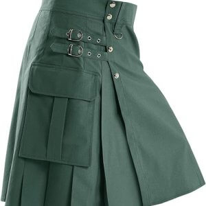 Men's Green Utility Kilt Scottish Traditional Highland Solid Pleated Costume with Cargo Pockets