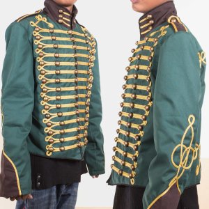 Green Steampunk Military Jacket with gold Braiding Back and front