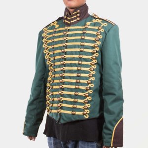 Green Steampunk Military Jacket with gold Braiding Back and front