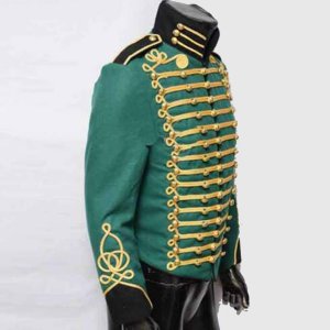 Men Green British Military Hussar Jacket Gold Braiding