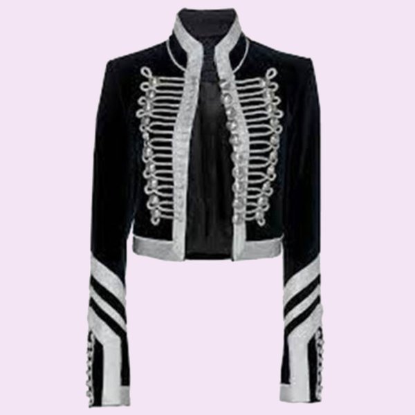 New Black Velvet Silver Braid Military Jacket