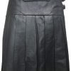 Mens Black Leather Pleated LARP Utility Kilt Flat Front Pocket Wrap Style2