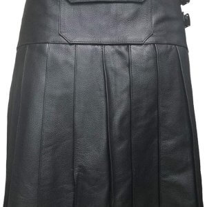 Mens Black Leather Pleated LARP Utility Kilt Flat Front Pocket Wrap Style