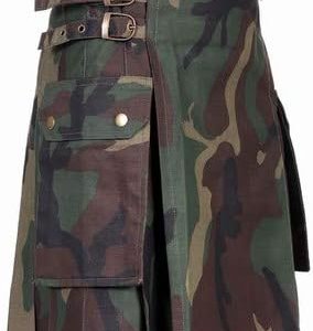 Men's Camo Utility Combat Kilt Punk Goth Style with Pockets - Adjustable Strap, Pleated Kilt