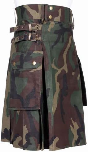 Men’s Camo Utility Combat Kilt Punk Goth Style with Pockets – Adjustable Strap, Pleated Kilt