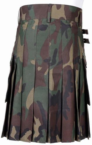 Men’s Camo Utility Combat Kilt Punk Goth Style with Pockets – Adjustable Strap, Pleated Kilt