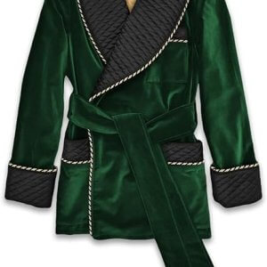 Dark Green Velvet Smoking Jacket With Quilted Silk Shawl Collar