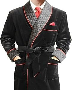 Men's Long Velvet Smoking Jacket with Belt Shawl Lapel Smoking Robe Quilted Dressing Gown