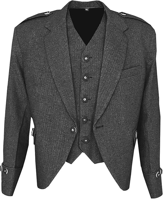 Scottish Tweed Argyle Kilt Jacket with 5 Button Vest – Premium Quality 15 Oz Wool Fabric